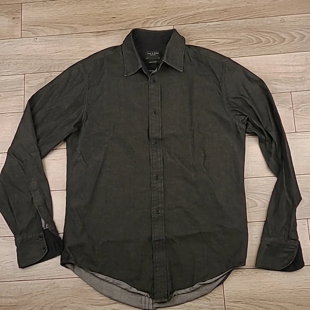 RAG & BONE Dark Grey Denim Cotton Blend Fit 2 Sz S Long Sleeve Button Down Shirt - Picture 4 of 10